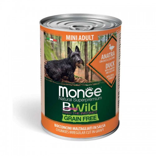 Monge Grain Free Mini Adult – bocconcini in salsa con anatra, zucca e zucchine per cani adulti